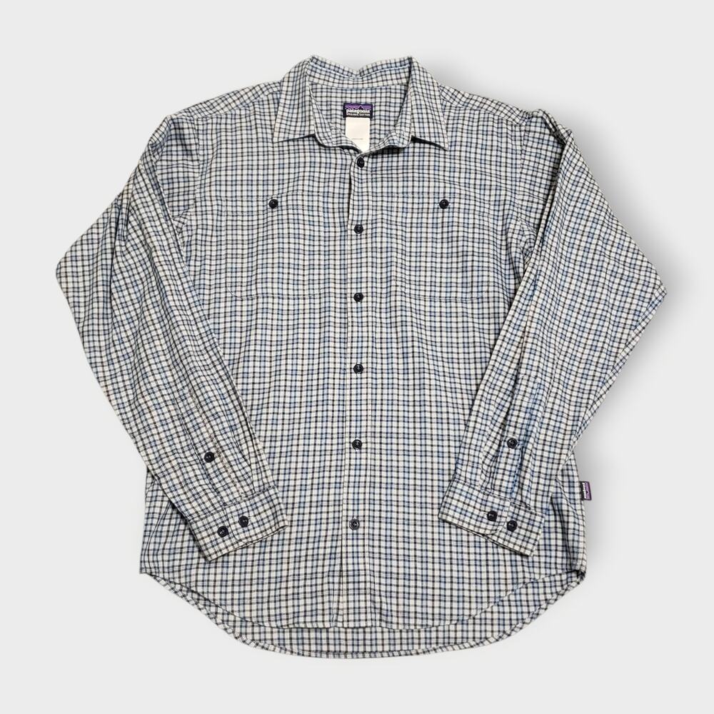 Patagonia‎ Mens Organic Cotton Knit Button Up Shirt Sz Med Blue Check Plaid